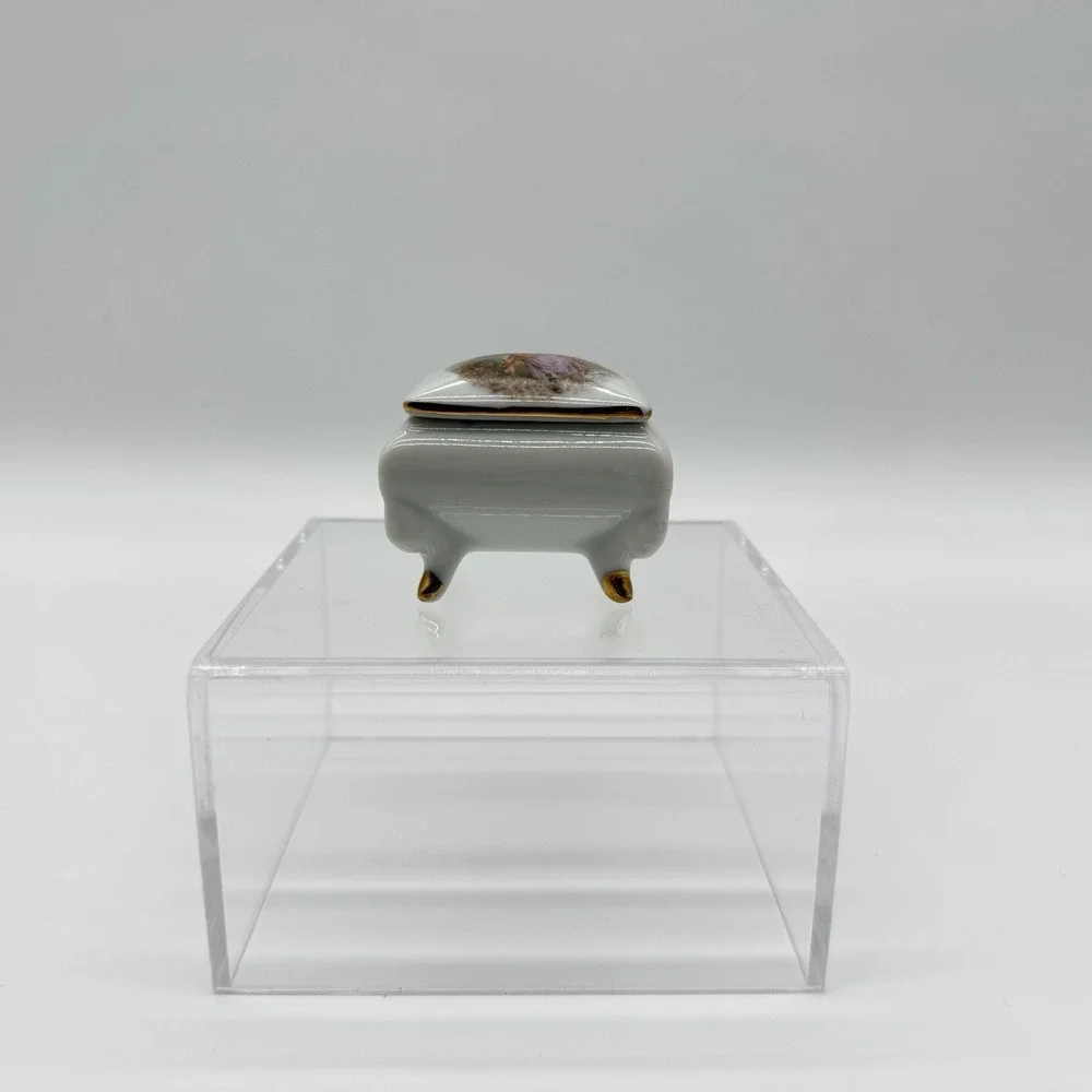 Vintage Victorian Scene Trinket Box Candle Small Lidded Footed Dish Gold Trim